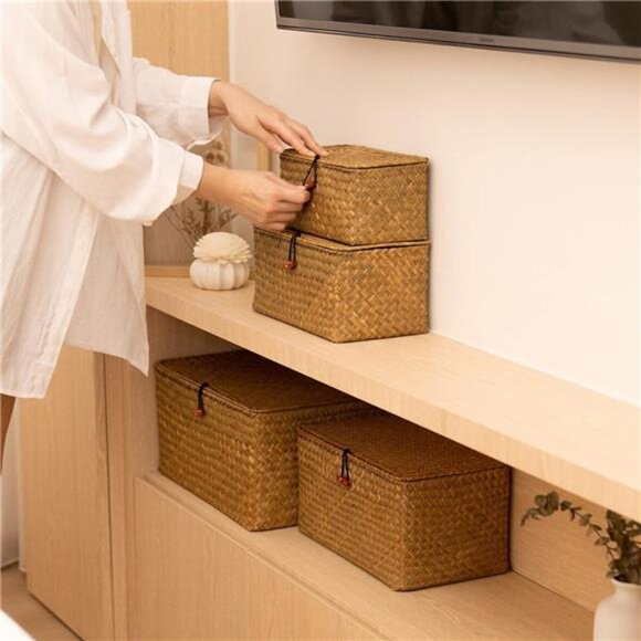 4 Pack, Wicker Baskets with Lids, Nautral Seagrass Storage Baskets, Woven - Picture 5 of 7